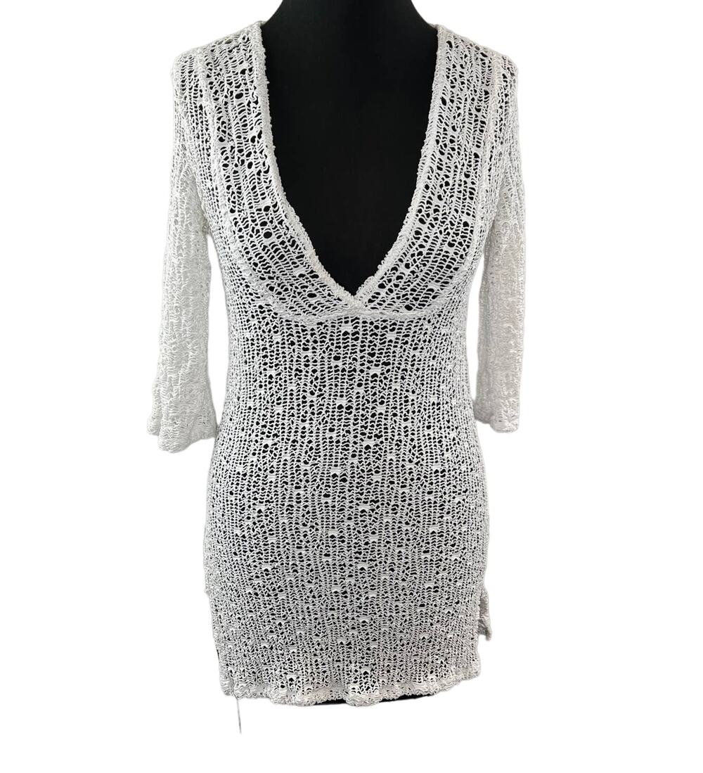 J Valdi White Open Knit Plunge Neckline Swim Beach Cover Up Dress Long Sleeves L